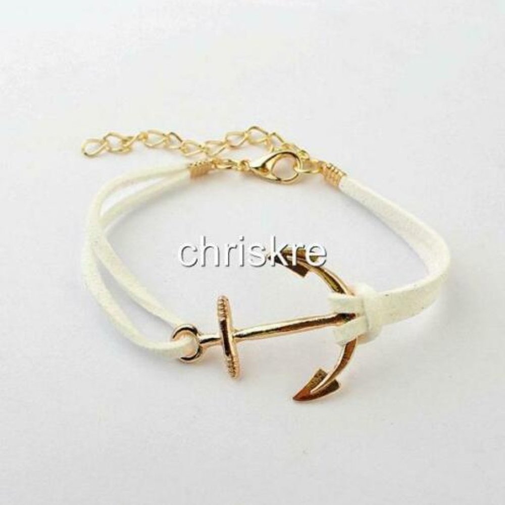 Suede Nautical Anchor Bracelet Island Ship Boat Leather Adjustable Gold Ivory